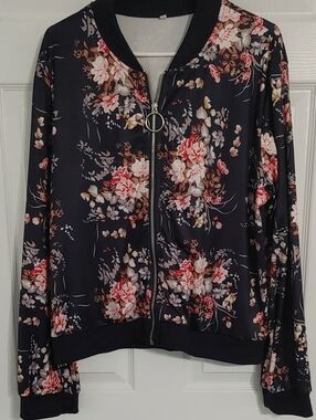 Floral Zip-Front Bomber Jacket Dark Navy 2X Runs Small Silky Fabric Like New